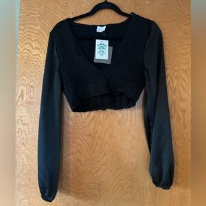 NWT Le Lis Black Smocked Long Sleeve Crop Blouse